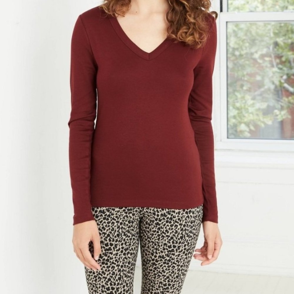 Women's Long Sleeve V-Neck Fitted T-Shirt - A New Day Burgundy New XXL